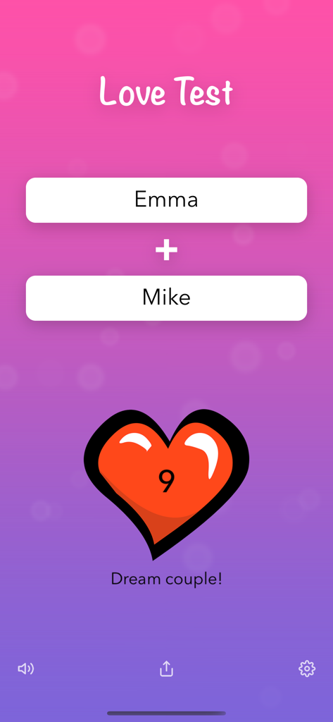 Mobile app interface showing a love compatibility test result between Emma and Mike with a red heart and the text Dream couple