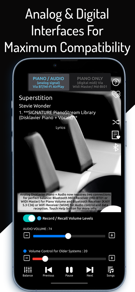 Smartphone screen displaying the PianoStream app with audio and MIDI playback settings for player pianos