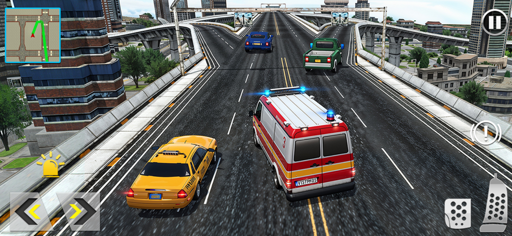 Firefighter Vehicles Rescue 3D - A rescue van driving through highway traffic in a city simulation game