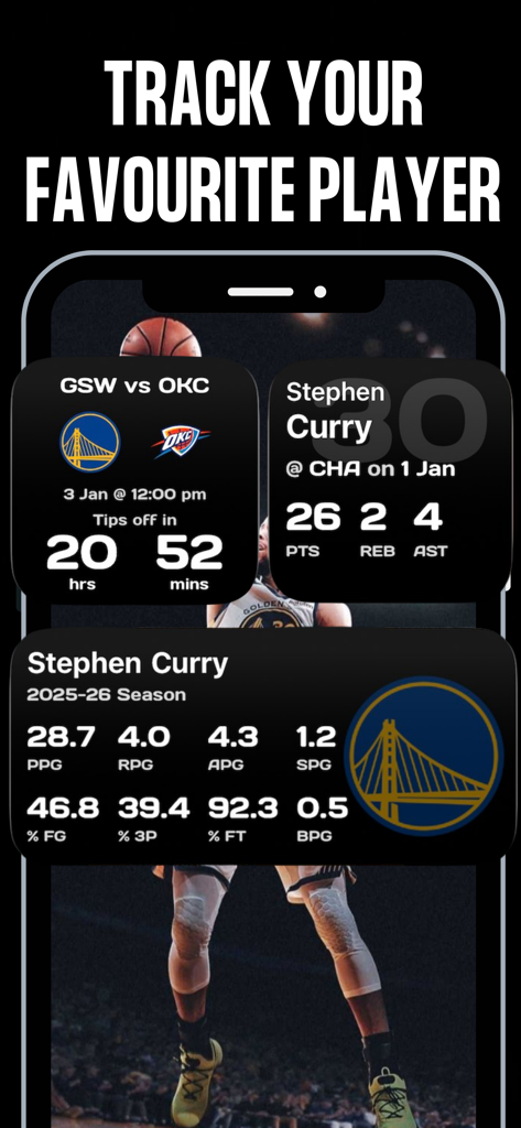 iPhone screen displaying basketball player stats widgets and game schedule for Stephen Curry