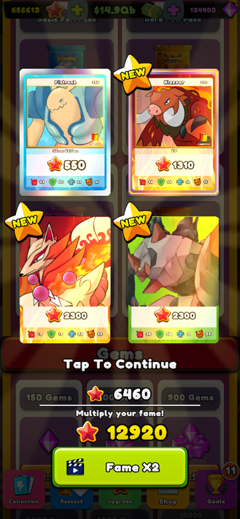 TCG Card Shop Tycoon Simulator - Display of newly collected monster trading cards after opening a pack in TCG Card Shop Tycoon Simulator