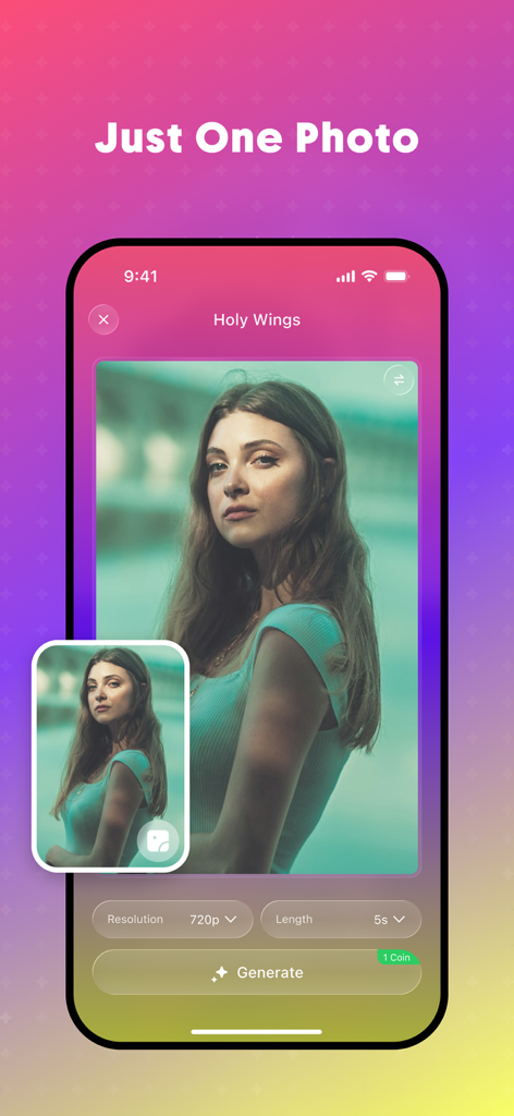 VidEffect: AI Video Effects - Tela do aplicativo móvel mostrando a geração de vídeo IA VidEffect a partir de uma única foto com configurações de efeito Holy Wings