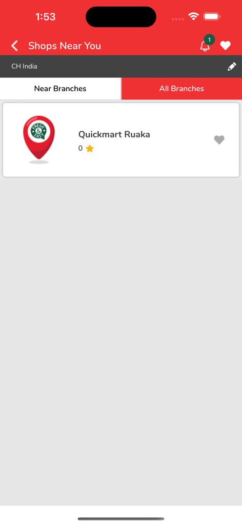Quickmart Online - Q SOKO - Quickmart Online app interface showing the near branches screen with Quickmart Ruaka listed