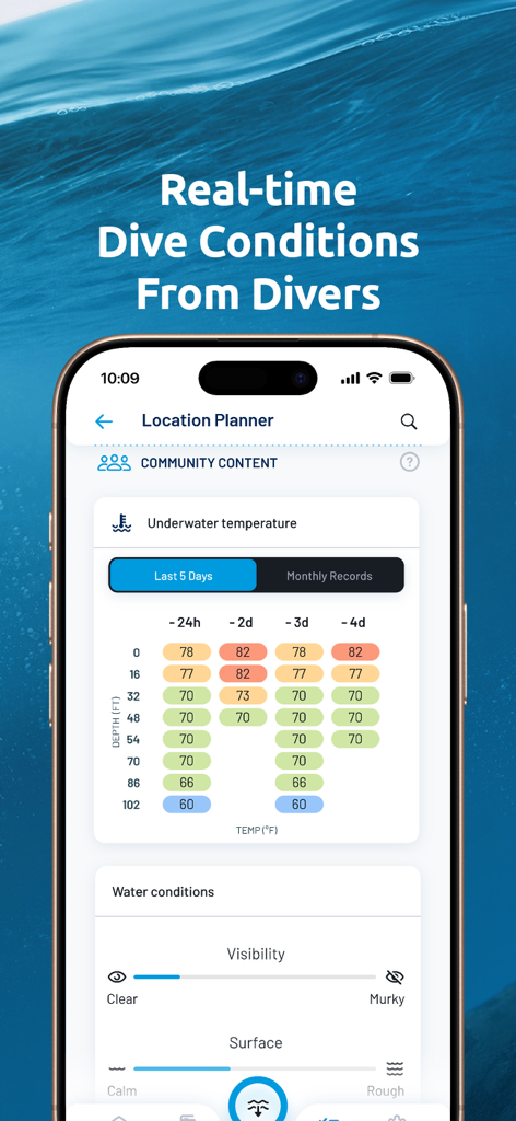 Scuba Diving Computer Oceanic+ - Pantalla de la aplicación Oceanic plus mostrando la temperatura del agua y las condiciones de visibilidad submarina en tiempo real.
