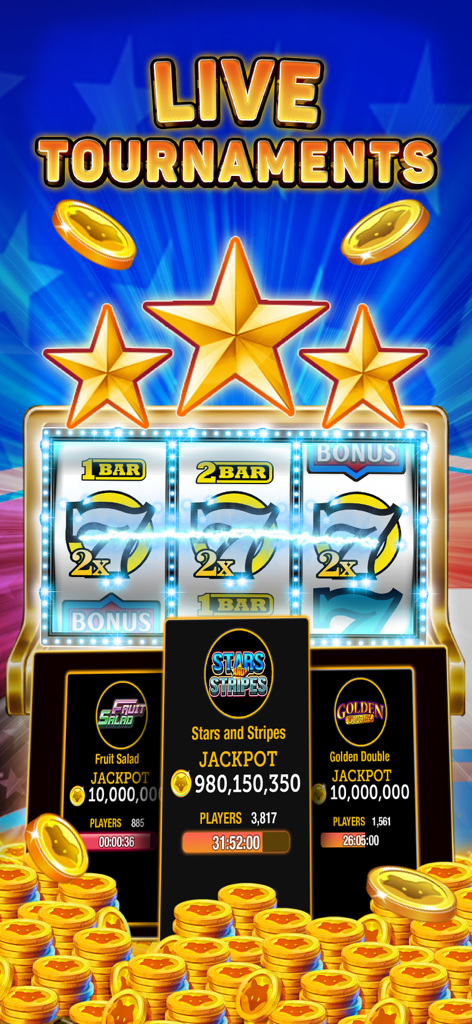 Classic Slots Casino - Pantalla de torneos en vivo en Classic Slots Casino mostrando jackpots progresivos y monedas doradas