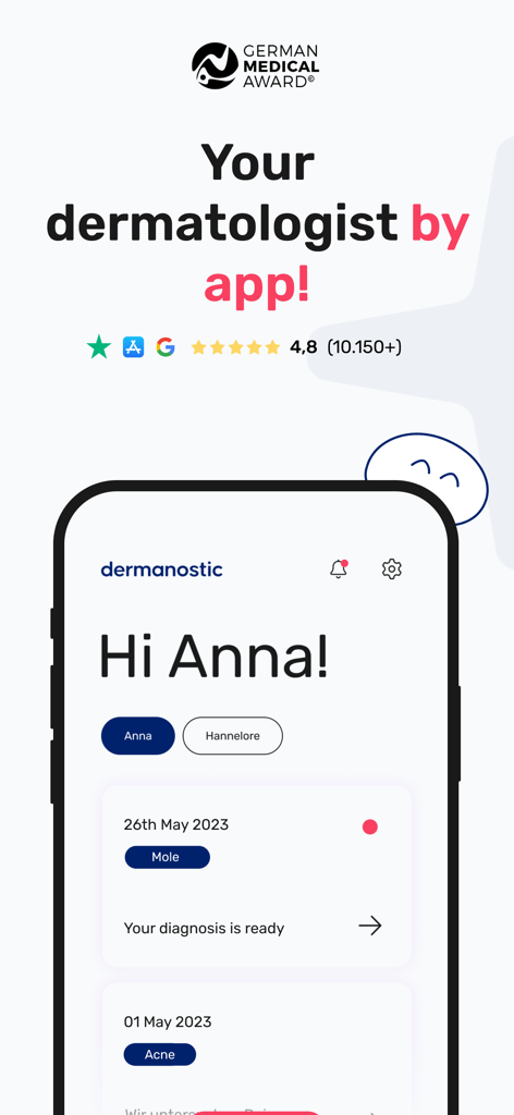 Dermanostic app dashboard showing a user diagnosis for a mole and acne with the German Medical Award logo.