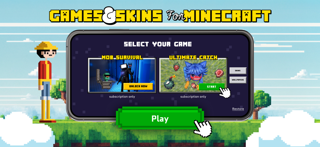 Games & Skins for Minecraft PE - Main menu screen of the Games and Skins for Minecraft PE app showing mini game selection for Mob Survival and Ultimate Catch