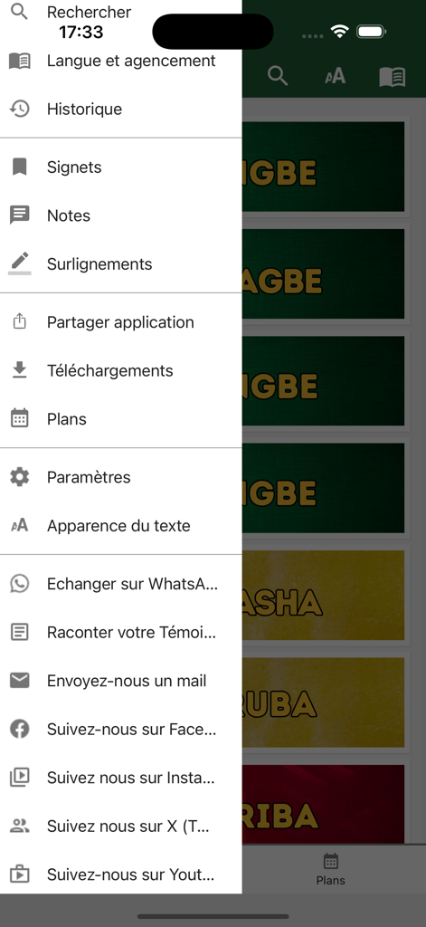 Benin Bible - Side navigation menu of the Benin Bible app in French displaying features and social links