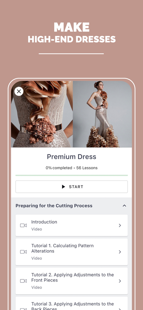 Dressmaking Academy - Dressmaking Academy app screen showing a high end dress sewing course with video tutorials.
