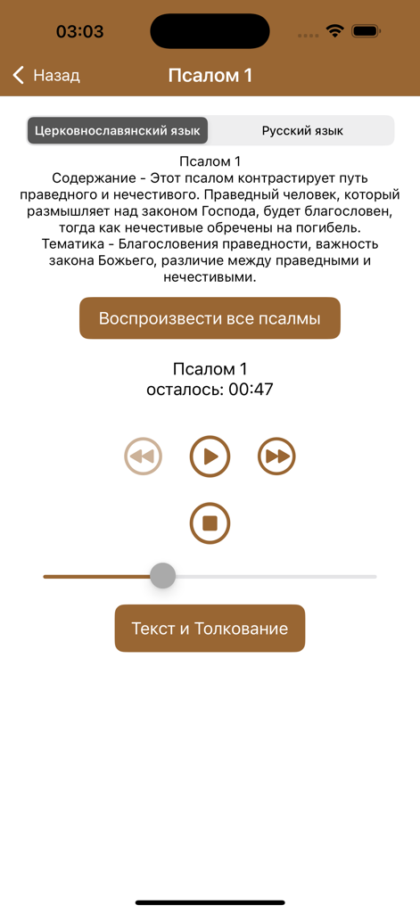 Psalms Pro: Orthodox Bible App - Audio player interface in the Psalms Pro app showing the summary and controls for Psalm 1 in Russian.