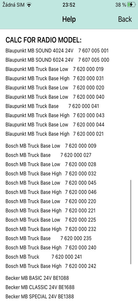 A list of supported radio models for Mercedes trucks in the code generator app including Blaupunkt Bosch and Becker