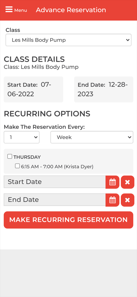 Interface de reserva antecipada para agendar aulas de fitness Les Mills no aplicativo Aries Sports Center