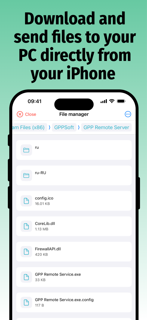 GPP Remote Viewer - GPP Remote Viewer app interface showing a remote file manager on an iPhone