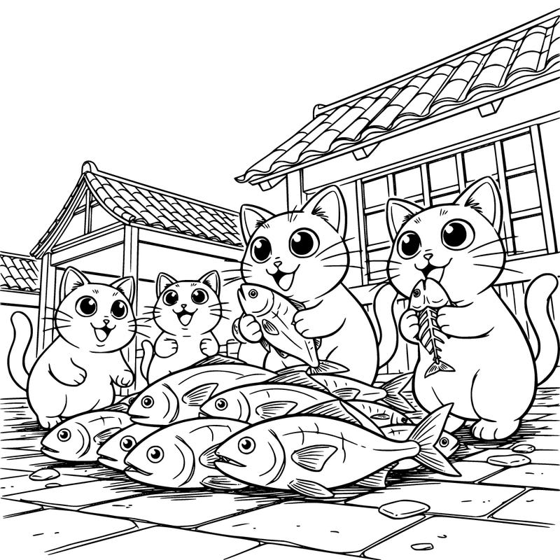 a bunch of cats eating fish