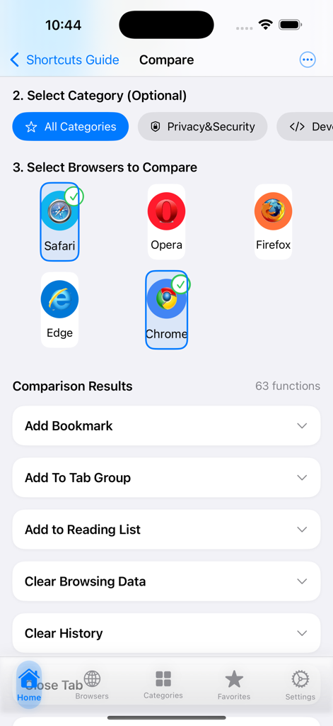 Oberfläche zum Vergleichen von Browser-Tastenkombinationen zwischen Safari und Chrome unter iOS.