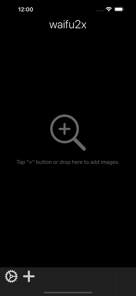 The main screen of the waifu2x app with a plus icon and instructions to add images for AI upscaling