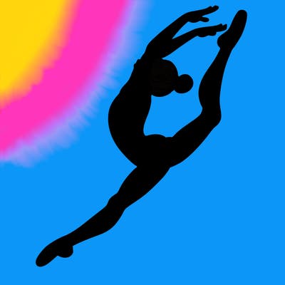 gymnast doing a leap in a leotard with a bent back leg