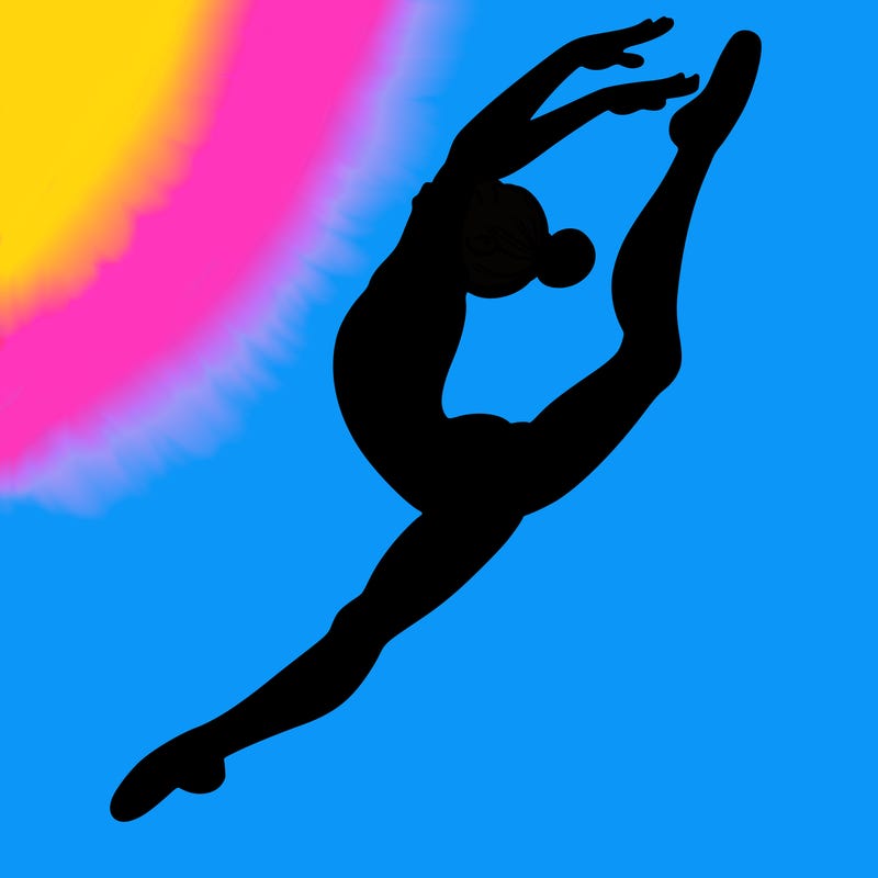 gymnast doing a leap in a leotard with a bent back leg