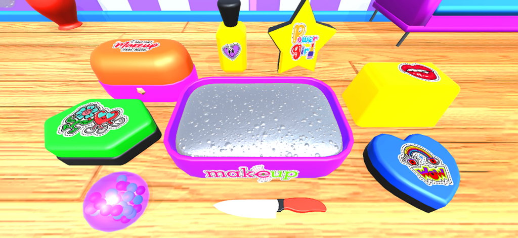 ASMR Makeup Slime Games Fun 3D - Uma interface 3D colorida mostrando uma bandeja de mistura de slime prateado rodeada por recipientes e autocolantes com tema de maquilhagem