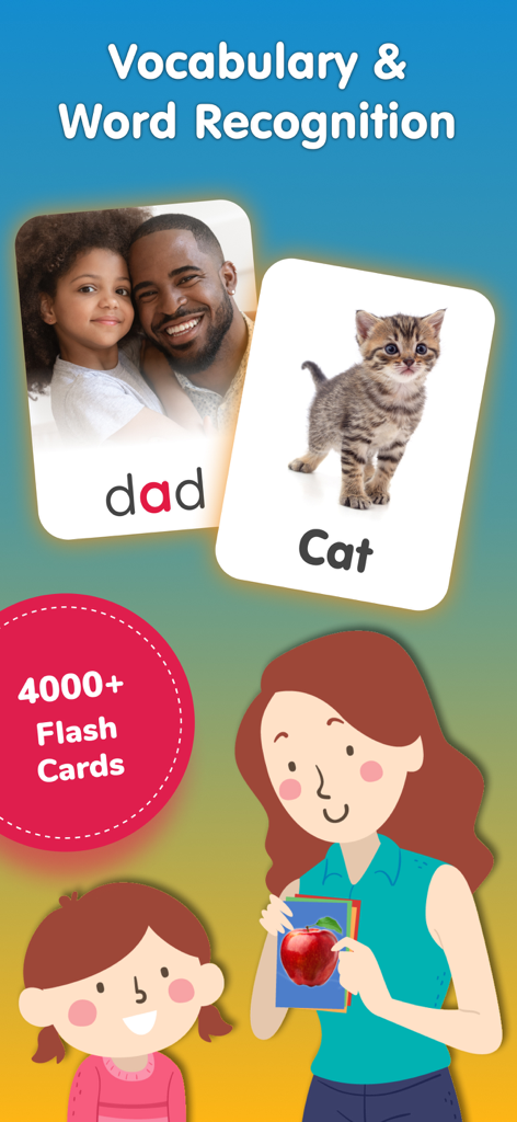 Educational flashcards for kids showing words like dad and cat for vocabulary building