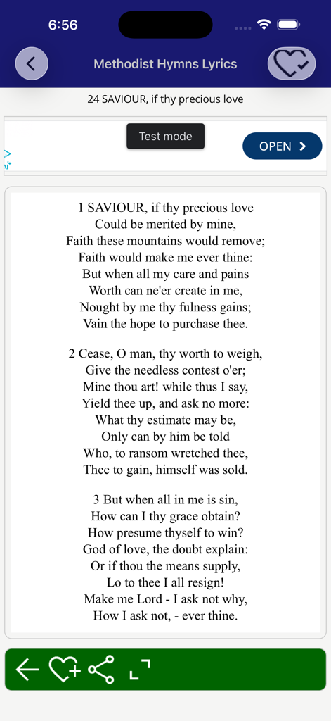 Display of hymn lyrics in the Methodist Hymn Lyrics app