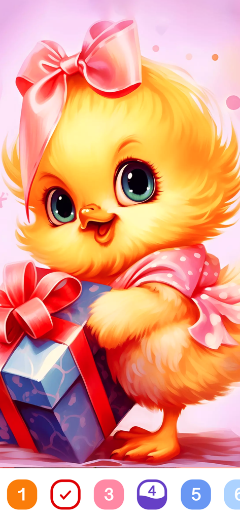 Cute Color - Color by Number - A cute yellow chick with a pink bow holding a gift in a color by number app