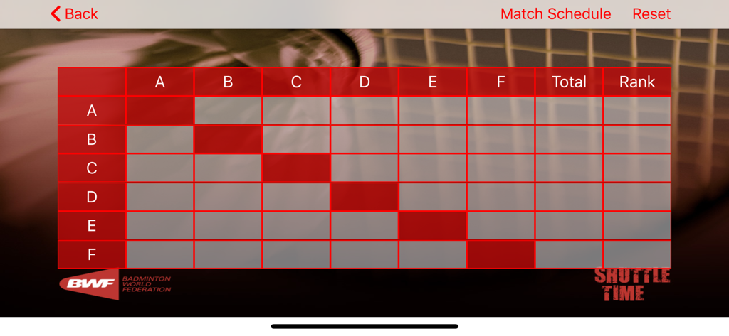 Uma interface de cronograma de partidas de torneio e tabela de classificação dentro do aplicativo BWF Shuttle Time para treinadores e professores de badminton.