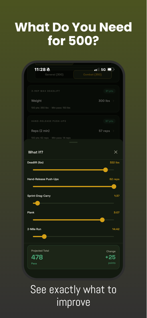 Army AFT Calculator 2026 - Screenshot of the Army AFT Calculator app What-If mode showing fitness event sliders and projected scores