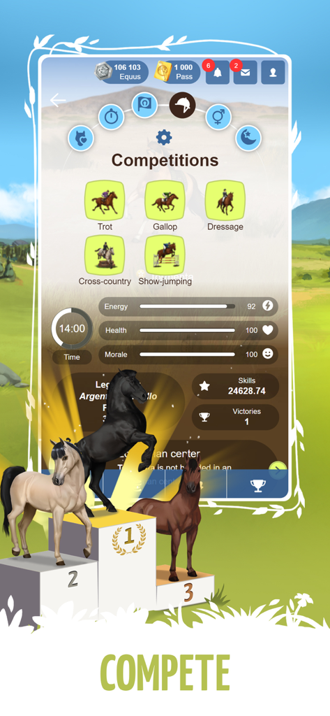 Howrse - A screenshot of the Howrse mobile game competition screen showing horse stats and three horses standing on a winners podium