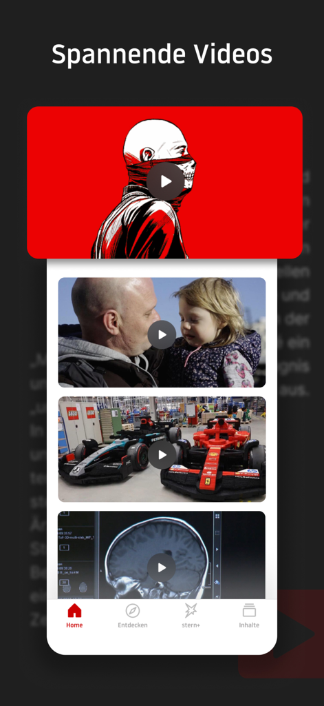 stern Nachrichten - La sección de galería de videos de la aplicación Stern Nachrichten mostrando varias miniaturas de noticias y documentales.