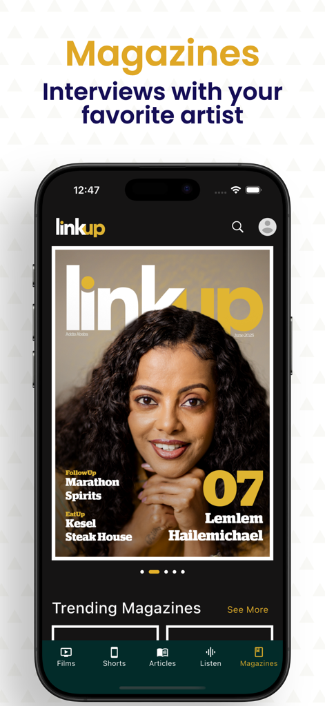 LinkUp Addis app screen displaying a trending magazine cover featuring local Ethiopian artists and lifestyle content.