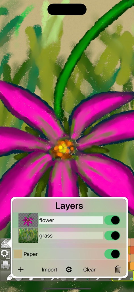 iPastels - Interfaccia dell'app iPastels che mostra un dipinto digitale a pastello di un fiore con il menu dei livelli aperto.