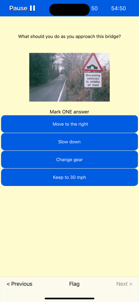 Practice question for the UK Driving Theory Test about approaching a hump bridge with multiple choice answers.