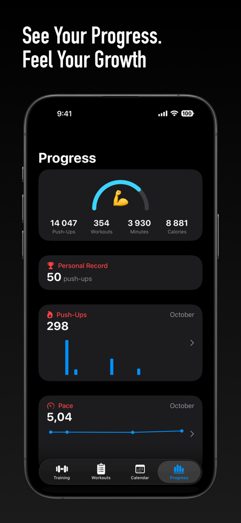 Pushup Tracker: Club Pushanova - 푸쉬업 트래커 앱 진행 상황 대시보드가 총 푸쉬업 횟수와 피트니스 분석 차트를 표시합니다