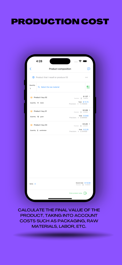 Oberfläche einer mobilen App, die die Produktzusammensetzung und die Gesamtkostenberechnung für Rohmaterialien zeigt