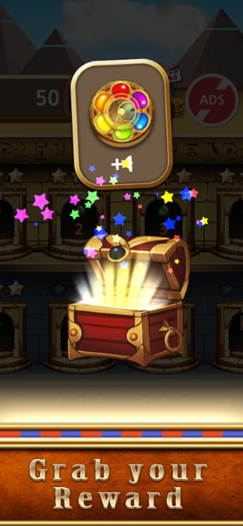 Jewels Pharaoh - Un cofre del tesoro abierto con una joya brillante como recompensa en Jewels Pharaoh.