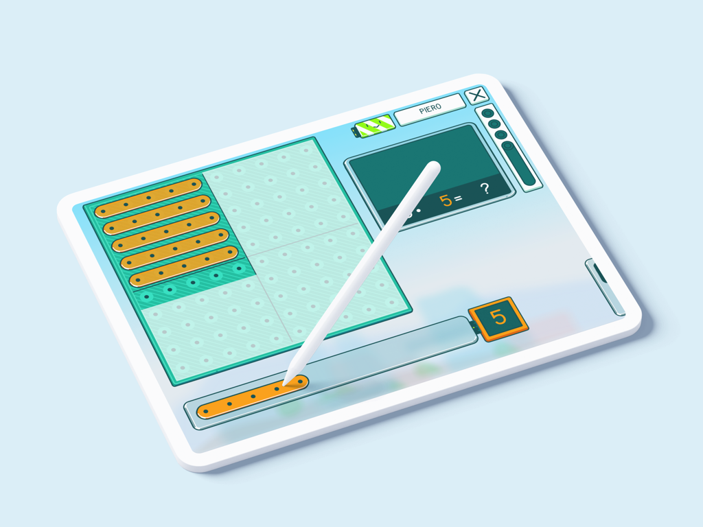 An iPad displaying the appolino educational app with a stylus being used to solve a math problem using number blocks.