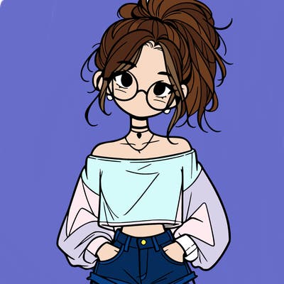 girl with a messy ponytail glasses a baggy crop top and jean shorts