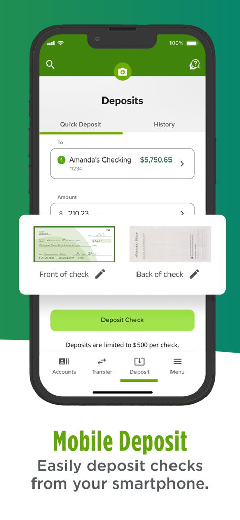 Summit Credit Union - Smartphone screen showing the mobile check deposit feature in the Summit Credit Union app.