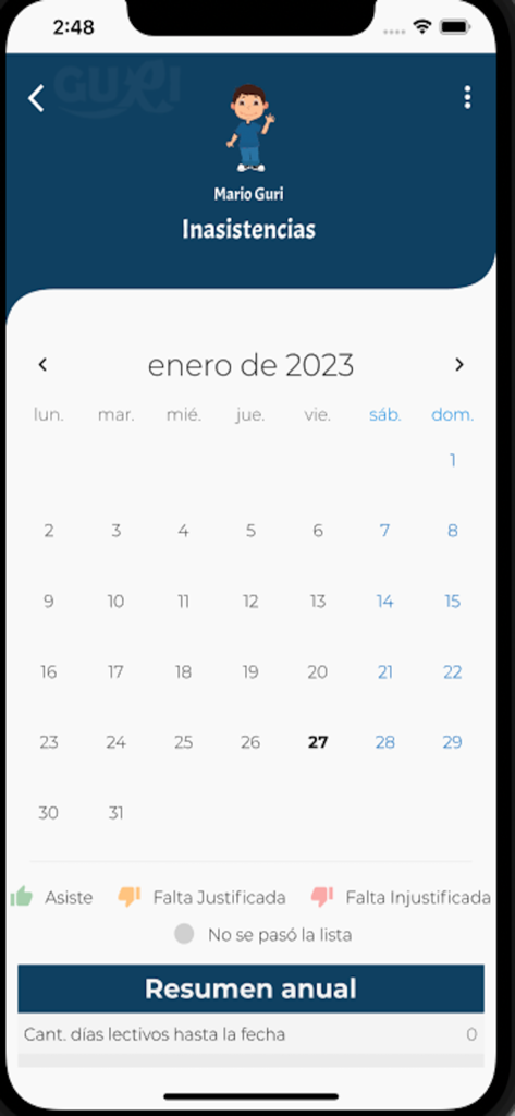 GURI Familia - Monthly attendance calendar view for a student in the GURI Familia mobile application.