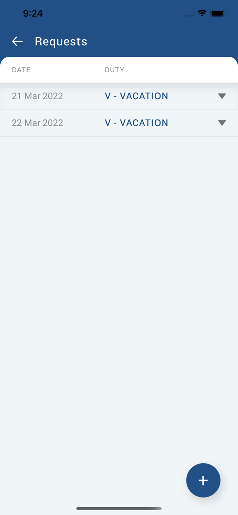 Leon - The Leon app interface showing a list of vacation duty requests for aviation crew members.