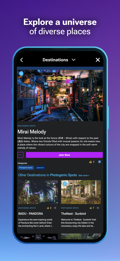 Second Life - Second Lifeモバイルアプリのスクリーンショット。Mirai MelodyやPandoraのような様々なバーチャル3Dプレイスがあるデスティネーションメニューを表示しています。