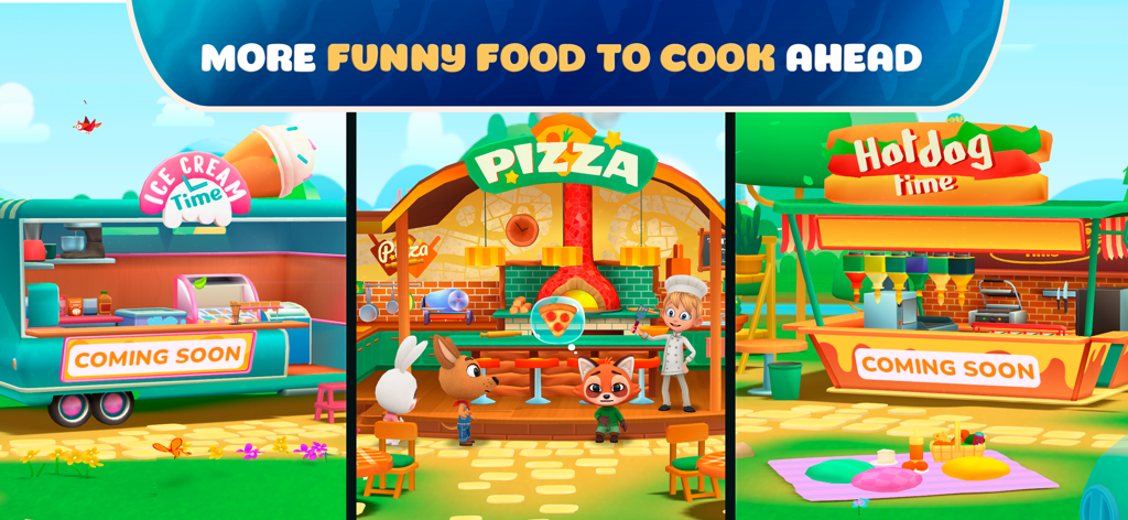 Capturas de pantalla coloridas de dibujos animados que muestran puestos de pizza, helado y perritos calientes con lindos personajes animales.