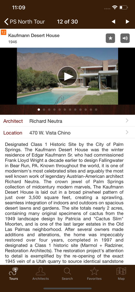 Detail page of the Kaufmann Desert House by Richard Neutra in the Palm Springs Modernism Tour app