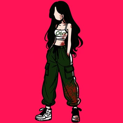 girl in baggy pants crop top and long hair
