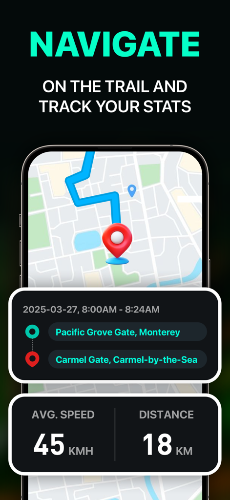 A mobile app interface displaying a GPS navigation route on a map with trip summary data including average speed and distance