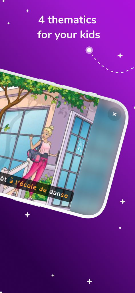 Kidjo Stories & Audio for kids - A smartphone display showing a Barbie story with dyslexia-friendly subtitles and the text 4 thematics for your kids.