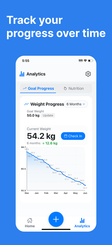Calorie Tracker - Trax AI - Pantalla de análisis de la aplicación Trax AI que muestra un gráfico de línea de progreso de peso y datos de seguimiento de peso actuales