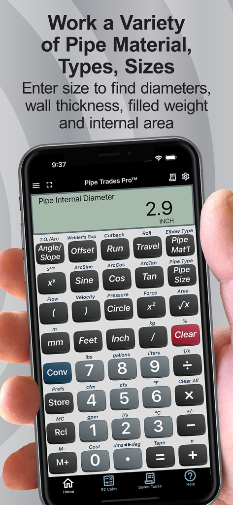 Un smartphone affichant l'application calculatrice Pipe Trades Pro avec des boutons pour le calcul des matériaux et des tailles de tuyaux