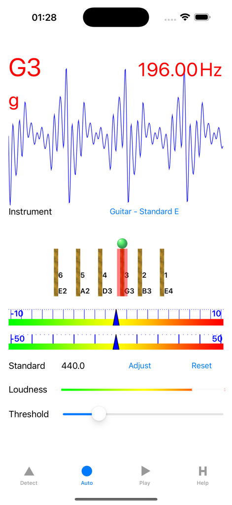 Interface of a guitar tuner app showing frequency wave and pitch detection for a G3 note